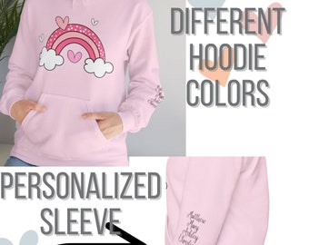 Felpa con cappuccio rosa, felpa con cappuccio personalizzata, felpa con cappuccio rosa arcobaleno, maglietta arcobaleno, maglietta cuori, regalo di San Valentino, regalo di Galentine, felpa con cappuccio rosa cuori