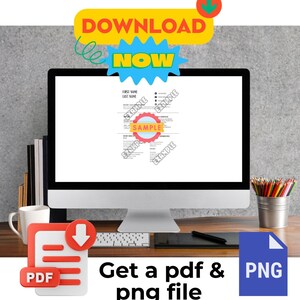 May include: A computer screen displaying a resume template with the word "SAMPLE" in a red circle. The text "DOWNLOAD NOW" is in a yellow and blue starburst shape. Below the computer screen is a red button with a white icon of a document and a downward arrow. The text "PDF" is below the icon. Next to the button is the text "Get a pdf & png file". A blue button with the text "PNG" is on the right side of the image.