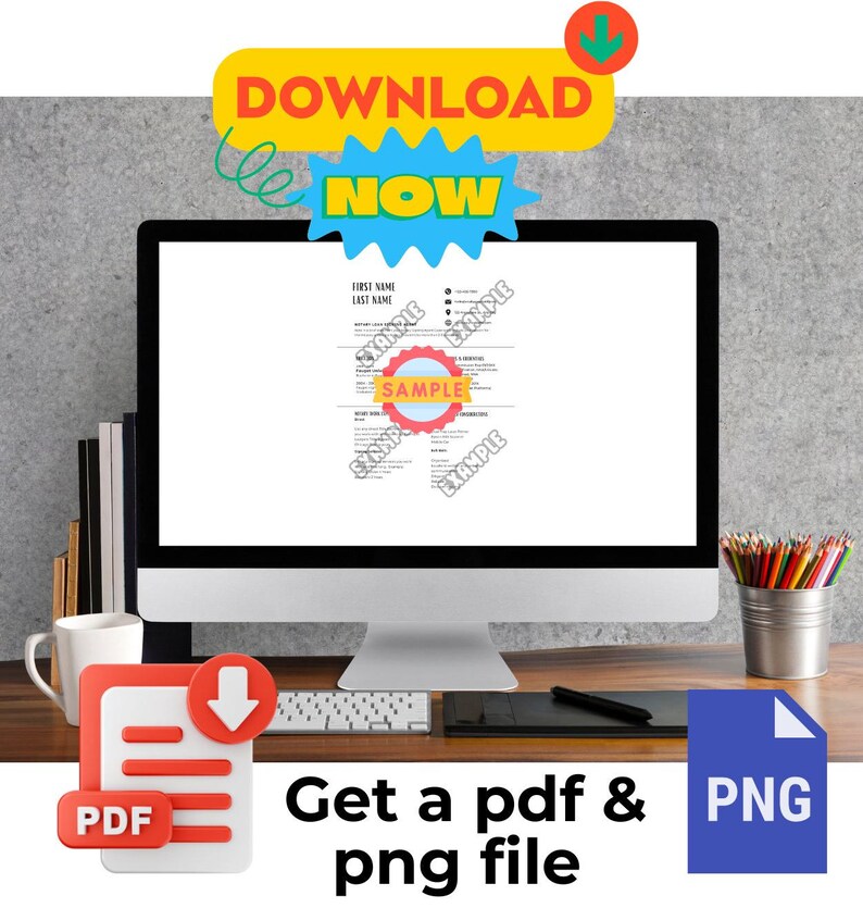 May include: A computer screen displaying a resume template with the word "SAMPLE" in a red circle. The text "DOWNLOAD NOW" is in a yellow and blue starburst shape. Below the computer screen is a red button with a white icon of a document and a downward arrow. The text "PDF" is below the icon. Next to the button is the text "Get a pdf & png file". A blue button with the text "PNG" is on the right side of the image.