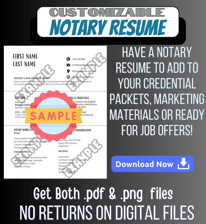 May include: A customisable notary resume template with a red sample stamp. The text "Have a notary resume to add to your credential packets, marketing materials or ready for job offers!" is displayed in black text on a white background. The text "Download Now" is displayed in black text on a blue background with a download icon.