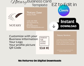 May include: A notary business card template with a logo, contact details, and a QR code section. The design features text such as "EZ to Edit in Canva" and "Instant Download."