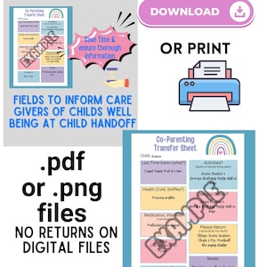 May include: A printable co-parenting communication log with a rainbow design. The log includes fields for recording information about a child's activities, health, medication, and needs. The text "INSTANT DOWNLOAD OR PRINT" is displayed in a pink and purple box with a download icon.