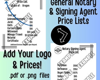 May include: A printable price list for notary and signing agent services. The document includes a price list for notary services, such as acknowledgements, jurats, oaths, certified copies, witnesses, mileage, and notarial certificates. The document also includes a price list for signing agent services, such as purchase, refinance, buyer/seller, seller, deed, HELOC, and cash deal. The document includes a place for a logo and prices. The document also includes the text "Add Your Logo & Prices!" and "No Returns on Digital Files".