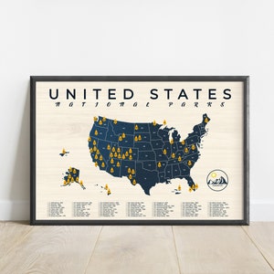 US National Park Map Checklist: Retro Hiking Poster