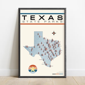 Texas State Park Map: Retro Checklist Poster, Adventure Art