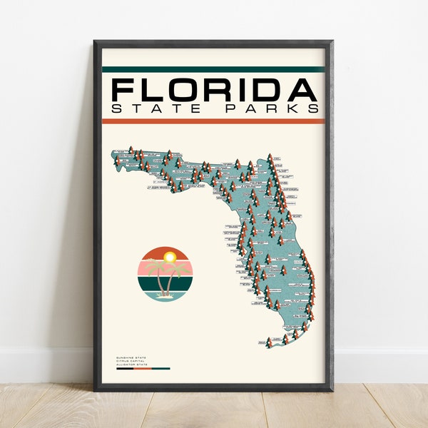 Florida State Park Map, Florida State Park Checklist, Florida Adventure Guide, Florida Hiking Gift, Florida Adventure Art, Retro FL Poster