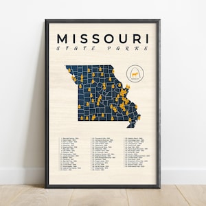 May include: A blue and white map of Missouri with yellow icons marking the locations of state parks. The map is framed in black and has the text "Missouri State Parks" at the top. A list of the parks and their founding dates is printed below the map.