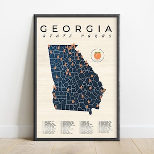 Georgia State Park Map, Georgia State Park Checklist, Georgia Adventure Guide, Georgia Hiking Gift, Georgia Adventure Art, Retro GA Poster