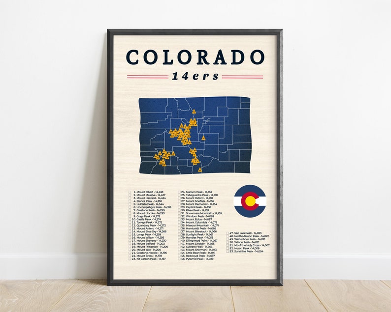Colorado 14ers Map Checklist: Retro Hiking Adventure Art Poster - Etsy