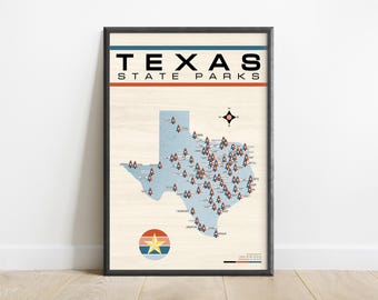 May include: A framed poster featuring a light blue map of Texas on a cream background. The text reads TEXAS STATE PARKS. The map includes small red tree icons marking locations, a compass rose, and a circular logo with a yellow star at the bottom.