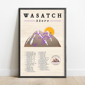 May include: Framed print featuring a stylized illustration of the Wasatch 11ers mountain range. The artwork includes a mountain graphic with purple triangles, a yellow sun, and a list of peaks. The text "WASATCH 11ers" is at the top.