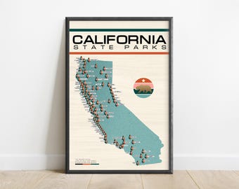 May include: A framed poster titled CALIFORNIA STATE PARKS featuring a teal map of California on a cream background. The map includes small tree icons, a circular emblem with a brown bear, and text at the bottom reading THE GOLDEN STATE.