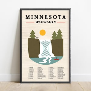 May include: Framed art print featuring a stylized illustration of a waterfall scene in Minnesota. The print includes the text "MINNESOTA WATERFALLS" at the top, with a list of waterfalls at the bottom. The artwork depicts a sun, trees, and a canoe.