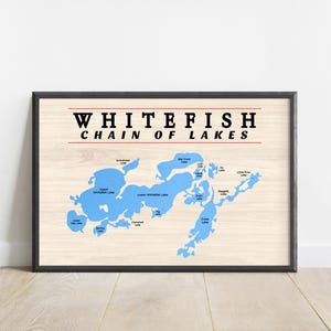 Póster del mapa de la cadena de lagos de Whitefish: arte mural náutico de Minnesota