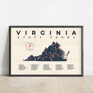 Virginia State Park Map Poster: Retro Travel Art, Hiking Checklist