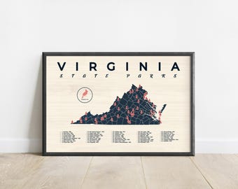 Virginia State Park Map Poster: Retro Travel Art, Hiking Checklist