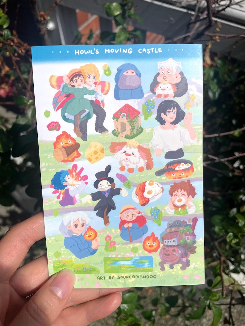 May include: A sticker sheet featuring colorful illustrations from "Howl's Moving Castle." The sheet includes various characters and elements from the movie, such as Howl, Sophie, Calcifer, and the moving castle itself. The text "Howl's Moving Castle" is at the top.