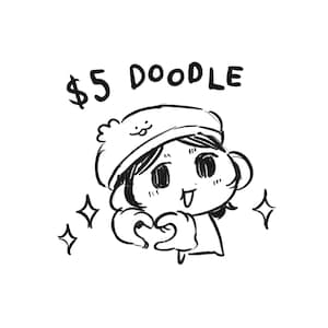 May include: A black and white cartoon illustration of a character with a hat and a heart-shaped hand gesture. The text "$5 DOODLE" is above the character.