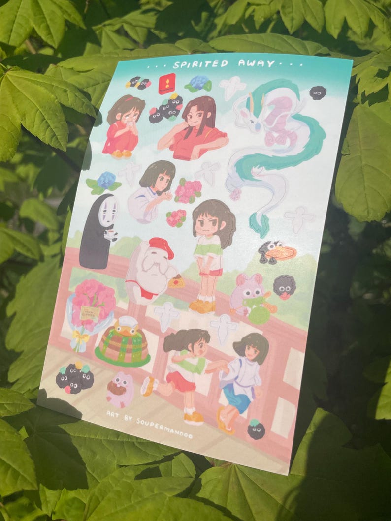 May include: A sticker sheet featuring illustrations from the animated film "Spirited Away." The sheet includes various characters and scenes, with a teal border and the film's title at the top. The artwork is colorful and detailed.