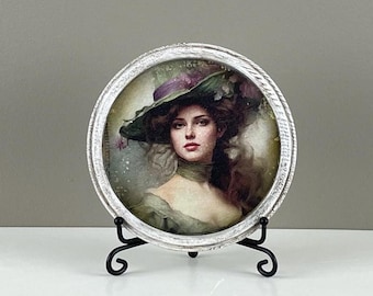 Oeuvre d&#39;art originale sur plaque en bois, femme de style victorien, tenture murale ronde de 5 pouces, oeuvre d&#39;art en bois pour chambre à coucher, cadeau unique pour décoration de salon