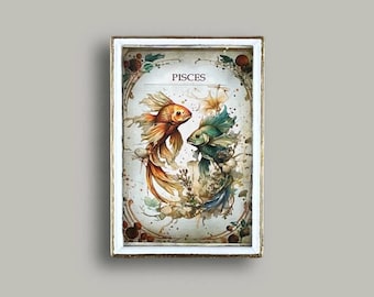 Poissons zodiaque Art déco, plaque en bois 5 x 7, décoration murale poisson vintage, cadeau d&#39;anniversaire fait main, décoration astrologie pour la maison, cadeau zodiaque