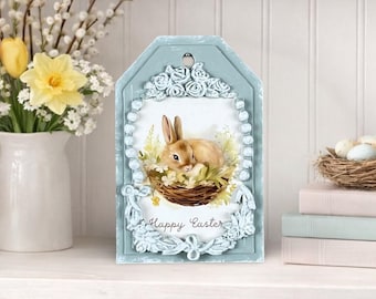Easter Bunny Home Decor, 5x7 Vintage Adorable Rabbit Plaque, Shabby Chic Wall Art Gift