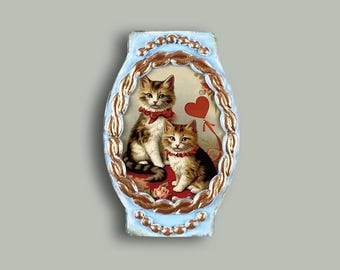 Art déco chatons romantiques, petite plaque 6,5 x 4,5, décoration murale chat vintage, cadeau shabby chic, oeuvre d&#39;art de style victorien, élément décoratif de table