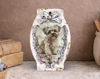 Romantic Puppy Home Decor, 5x7 Vintage Ornate Dog Portrait, Shabby Chic Wall Art Plaque