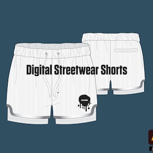 May include: White digital streetwear shorts with a black graphic print of a dripping paint splatter and the text "You Create". The shorts have a drawstring waist and a contrasting trim.