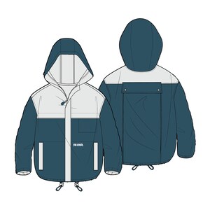 Pode incluir: Uma jaqueta azul e branca com capuz, fecho de correr e cord&atilde;o de ajuste na parte inferior. A jaqueta tem um bolso no lado esquerdo com o texto "The Crew" impresso.