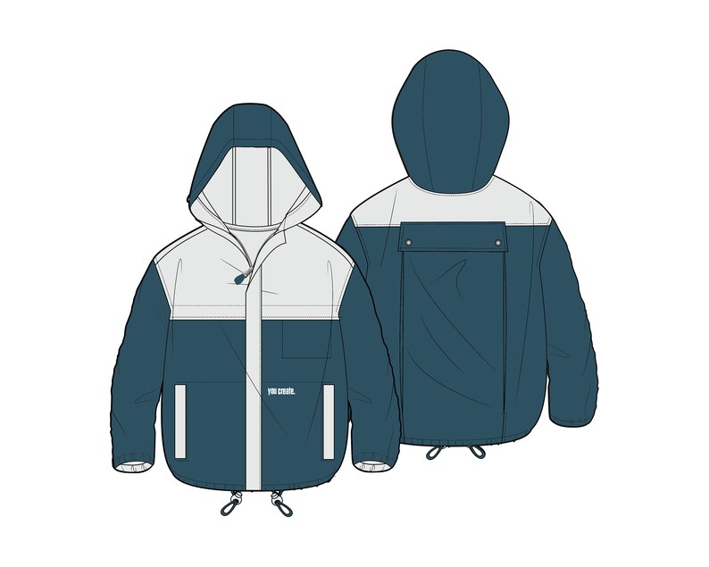 Pode incluir: Uma jaqueta azul e branca com capuz, fecho de correr e cord&atilde;o de ajuste na parte inferior. A jaqueta tem um bolso no lado esquerdo com o texto "The Crew" impresso.