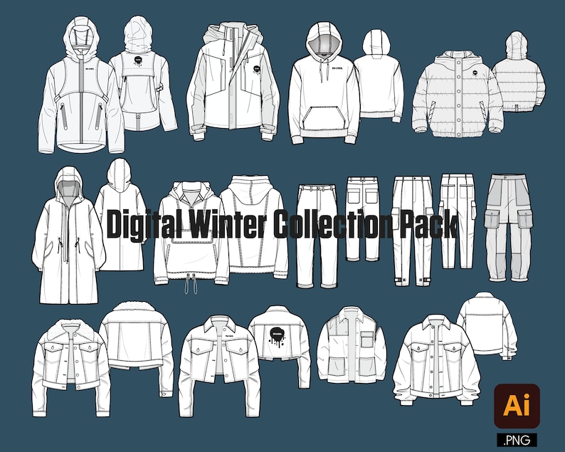 Digital Winter Jacket Tech Pack Vector Mock up Template Collection ...