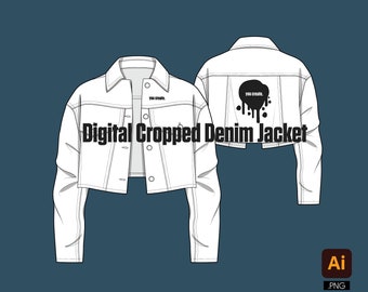 Digital Cropped Denim Jacket Vector mockup Tech pack illustrator streetwear design fashion template file
