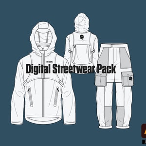 Pacote de moda de modelo de maquete de design de vetor de tecnologia de streetwear digital