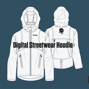 May include: A white hooded sweatshirt with a zipper closure and two pockets on the front. The sweatshirt has a black graphic on the back that says "Digital Streetwear Hoodie".