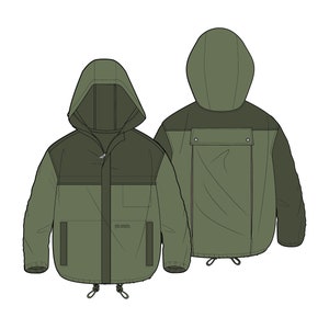 Pode incluir: Uma jaqueta verde com capuz, fecho de correr e cord&atilde;o na parte inferior. A jaqueta tem um bolso grande na frente e um bolso menor nas costas.