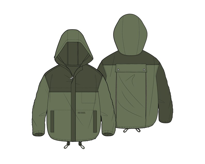 Pode incluir: Uma jaqueta verde com capuz, fecho de correr e cord&atilde;o na parte inferior. A jaqueta tem um bolso grande na frente e um bolso menor nas costas.