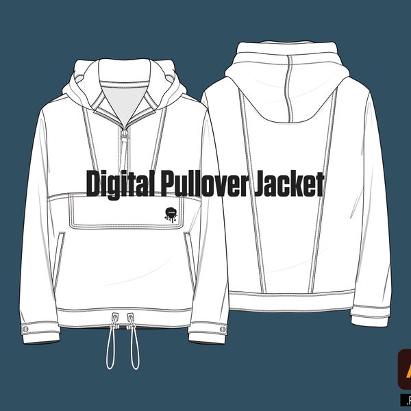 Digital Pullover Jacket Tech pack vector streetwear mockup template design editable file