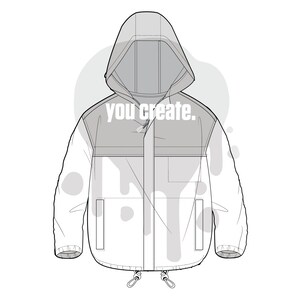 Pode incluir: Uma jaqueta branca e cinza com capuz, fecho de correr e cord&atilde;o na parte inferior. A jaqueta tem um bolso grande na frente e dois bolsos menores nas laterais. O texto "you create." est&aacute; impresso na frente da jaqueta.