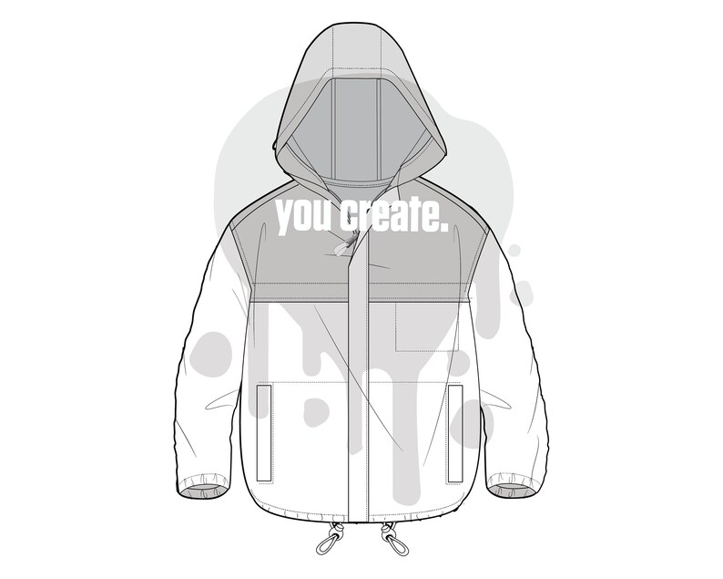 Pode incluir: Uma jaqueta branca e cinza com capuz, fecho de correr e cord&atilde;o na parte inferior. A jaqueta tem um bolso grande na frente e dois bolsos menores nas laterais. O texto "you create." est&aacute; impresso na frente da jaqueta.