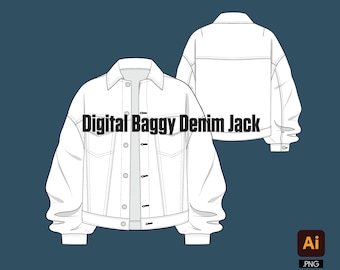 Digital Baggy Denim Jacket Tech Pack vector mock up template illustrator design file