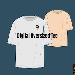 Puede incluir: Dos camisetas digitales de gran tamaño, una blanca con un gráfico negro y el texto "Digital Oversized Tee", y otra melocotón.