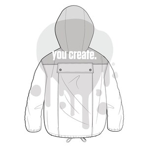 Pode incluir: Uma jaqueta branca com capuz e cord&atilde;o de ajuste na parte inferior. A jaqueta tem um bolso grande nas costas com um bot&atilde;o preto e o texto "you create." impresso nela.