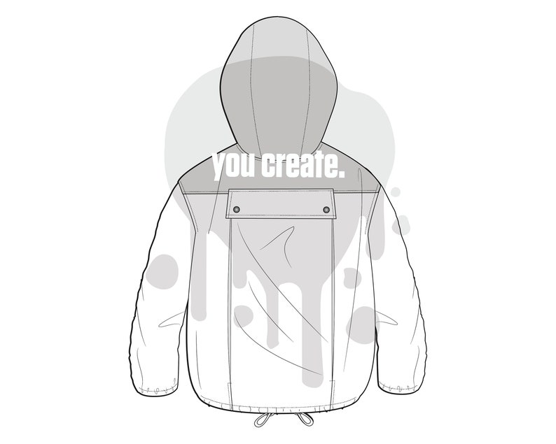 Pode incluir: Uma jaqueta branca com capuz e cord&atilde;o de ajuste na parte inferior. A jaqueta tem um bolso grande nas costas com um bot&atilde;o preto e o texto "you create." impresso nela.