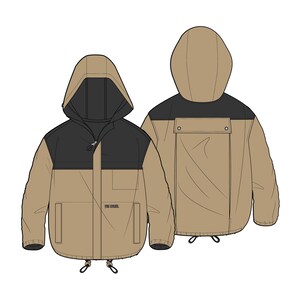 Pode incluir: Uma jaqueta com capuz bege e preta com fecho de correr e cord&atilde;o na parte inferior. A jaqueta tem um bolso de remendo na frente e um pequeno logotipo que diz "YOU SHOULD."