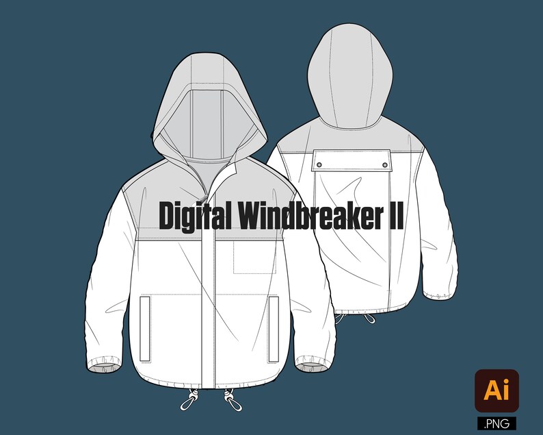 Pode incluir: Uma jaqueta branca com capuz, fecho de correr e um painel cinzento contrastante no capuz. A jaqueta tem um cord&atilde;o na parte inferior e dois bolsos na parte da frente. O texto "Digital Windbreaker II" est&aacute; impresso na parte da frente da jaqueta.
