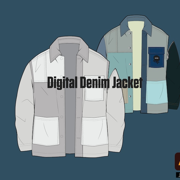 Denim Jacket Tech Pack Vector image Mockup Template Streetwear oversized jacket Illustrator editable file
