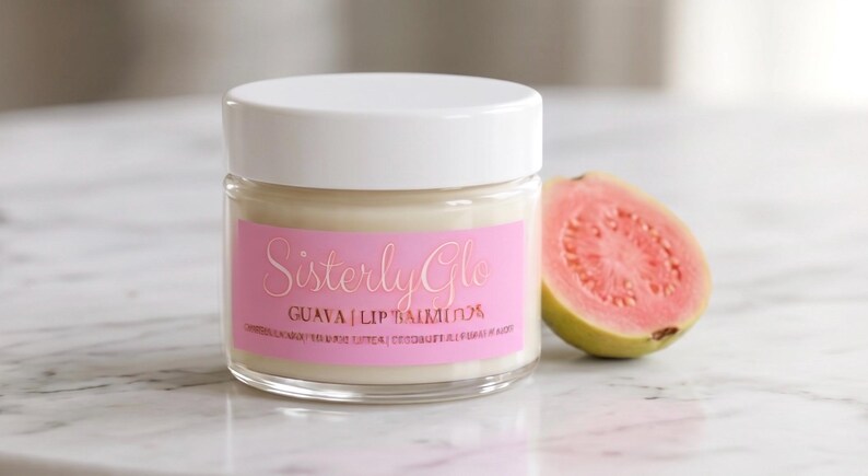 May include: A glass jar of Sisterly Glo Guava Lip Balm with a white lid and a pink label. A halved guava fruit with pink flesh sits beside the jar. The jar and fruit are on a marble surface.