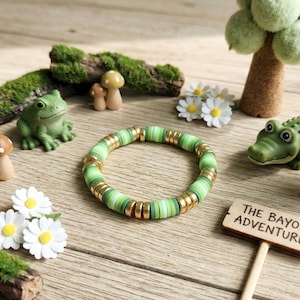 Green Glo | Girl's Green and Gold Heishi Clay Bead Bracelet | Forestcore Jewelry | Birthday Gifts For Her | SisterlyGlo | Kid's Edition