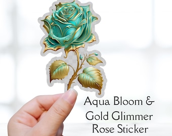 Aqua Bloom and Gold Glimmer Rose Sticker Die Cut Clear Background Romantic Elegant Fantasy Wedding